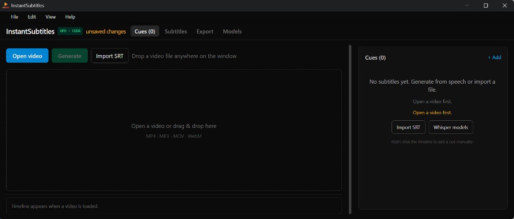 InstantSubtitles empty workspace — open a video and generate subtitles locally