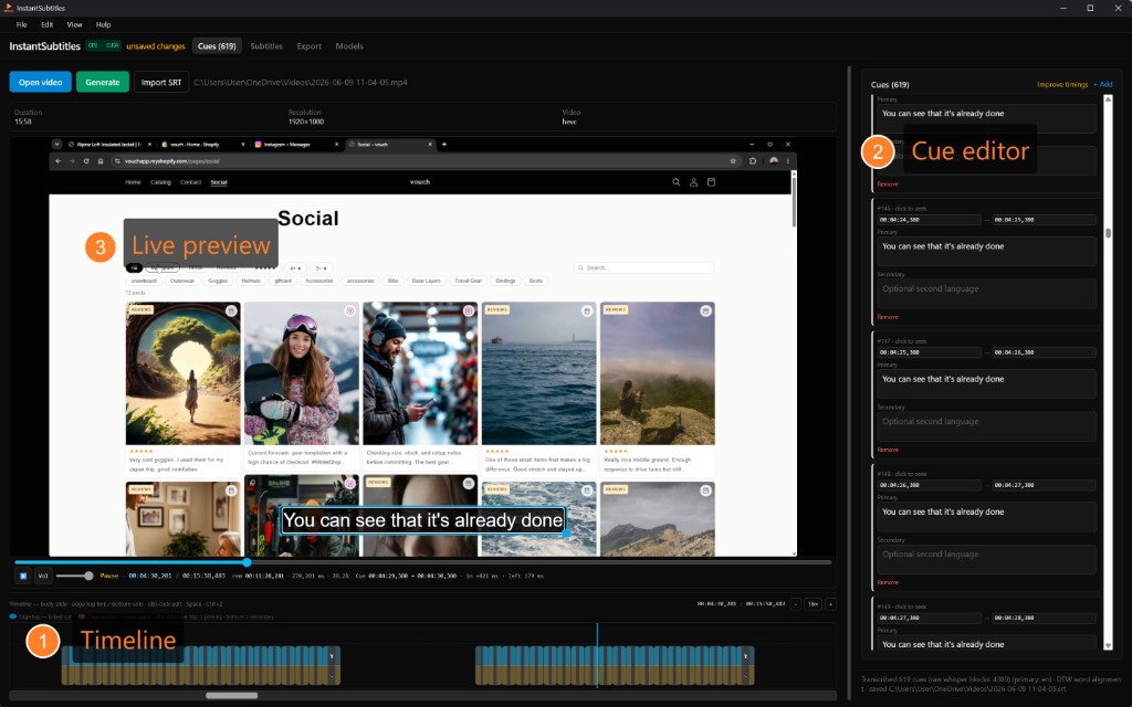 Timeline, live preview, and cue editor in InstantSubtitles