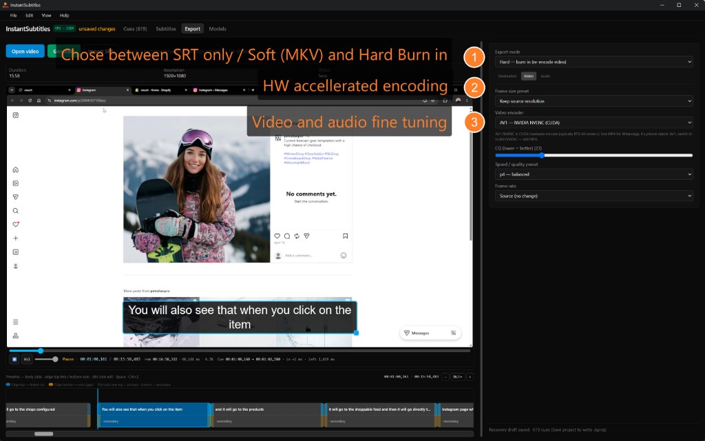 Export panel with SRT, soft MKV, hard burn-in, and hardware-accelerated encoding
