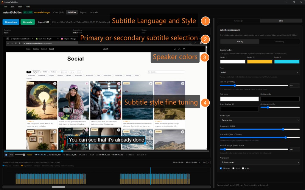 Subtitle style panel with speaker colors, fonts, and on-video preview