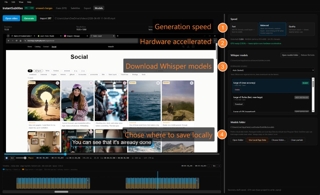 Models panel: generation speed, GPU acceleration, and Whisper model downloads