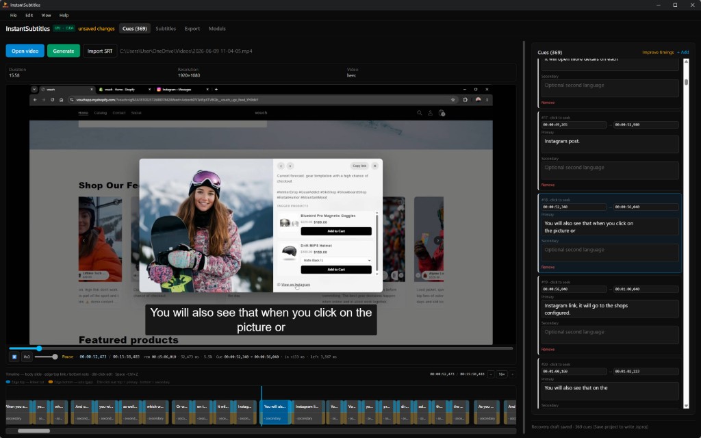 InstantSubtitles main window with video preview and subtitle cues