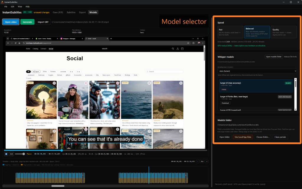 Whisper model selector with Balanced speed preset and GPU acceleration